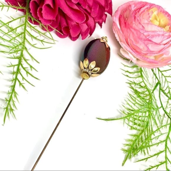 VINTAGE⚜️Kaleidoscope Cabochon Filigree Hat Pin - Picture 3 of 10